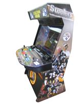 1141 4-player, yellow buttons, green buttons, blue buttons, red buttons, white buttons, lighted, white trackball, black trim, steeltown arcade, steelers